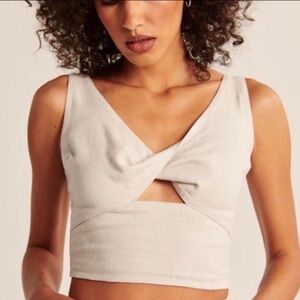 Abercrombie & Fitch Natural Tan Linen Blend Twist Front Linen Cropped Top XS
